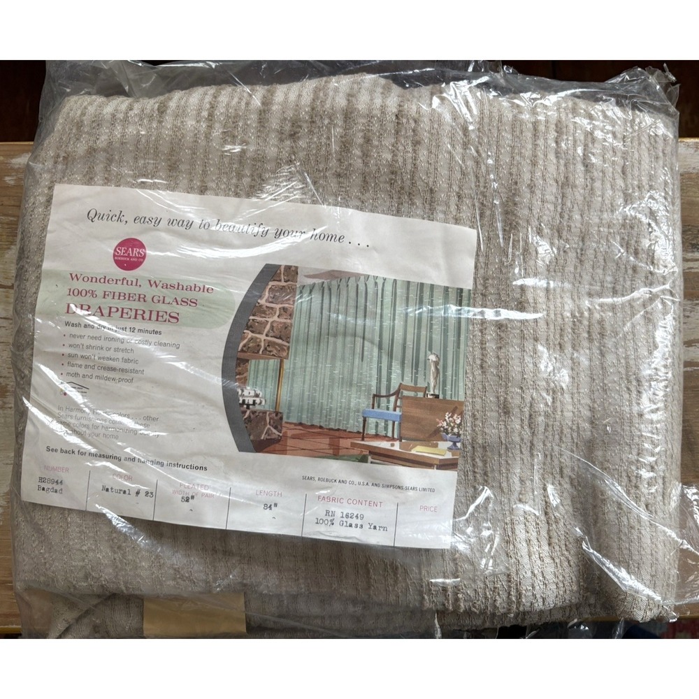 Vintage NOS Sears pleated fiberglass drapes curtains mid century modern beige